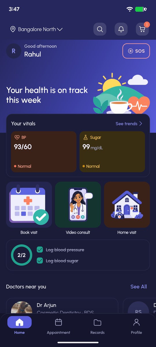 ArogyaLens phone app home: this week's vitals and quick actions to book a visit, video consult or home visit