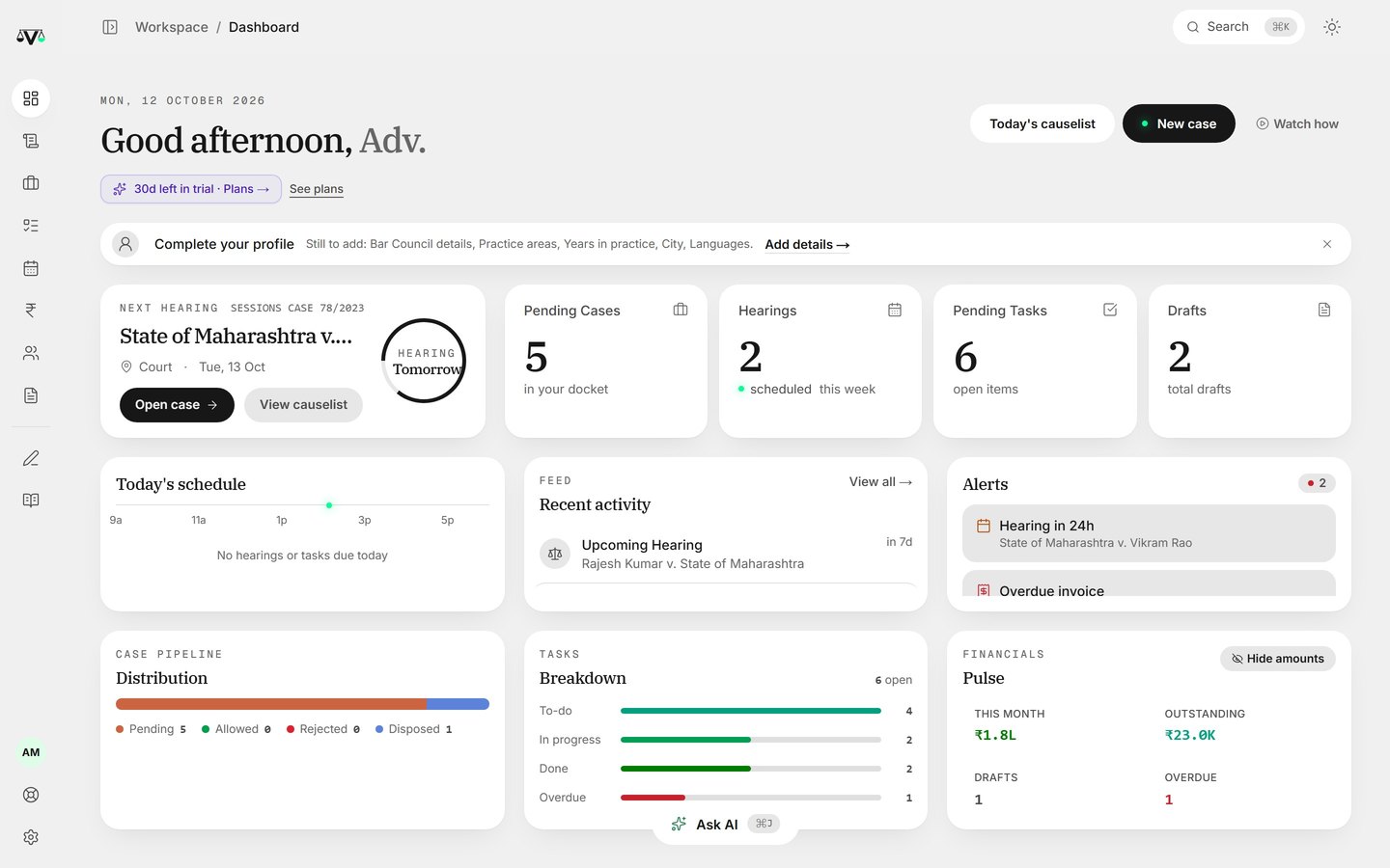 VakeelOS dashboard for a law chamber